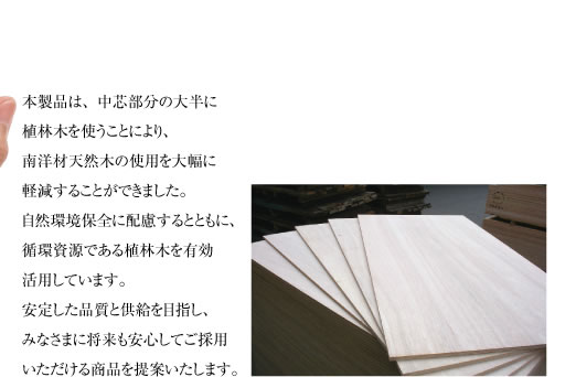 本製品は、中芯部分の大半に植林木を使うことにより、南洋材天然木の使用を大幅に軽減することができました。自然環境保全に配慮するとともに、循環資源である植林木を有効活用しています。安定した品質と供給を目指し、みなさまに将来も安心してご採用いただける商品を提案いたします。